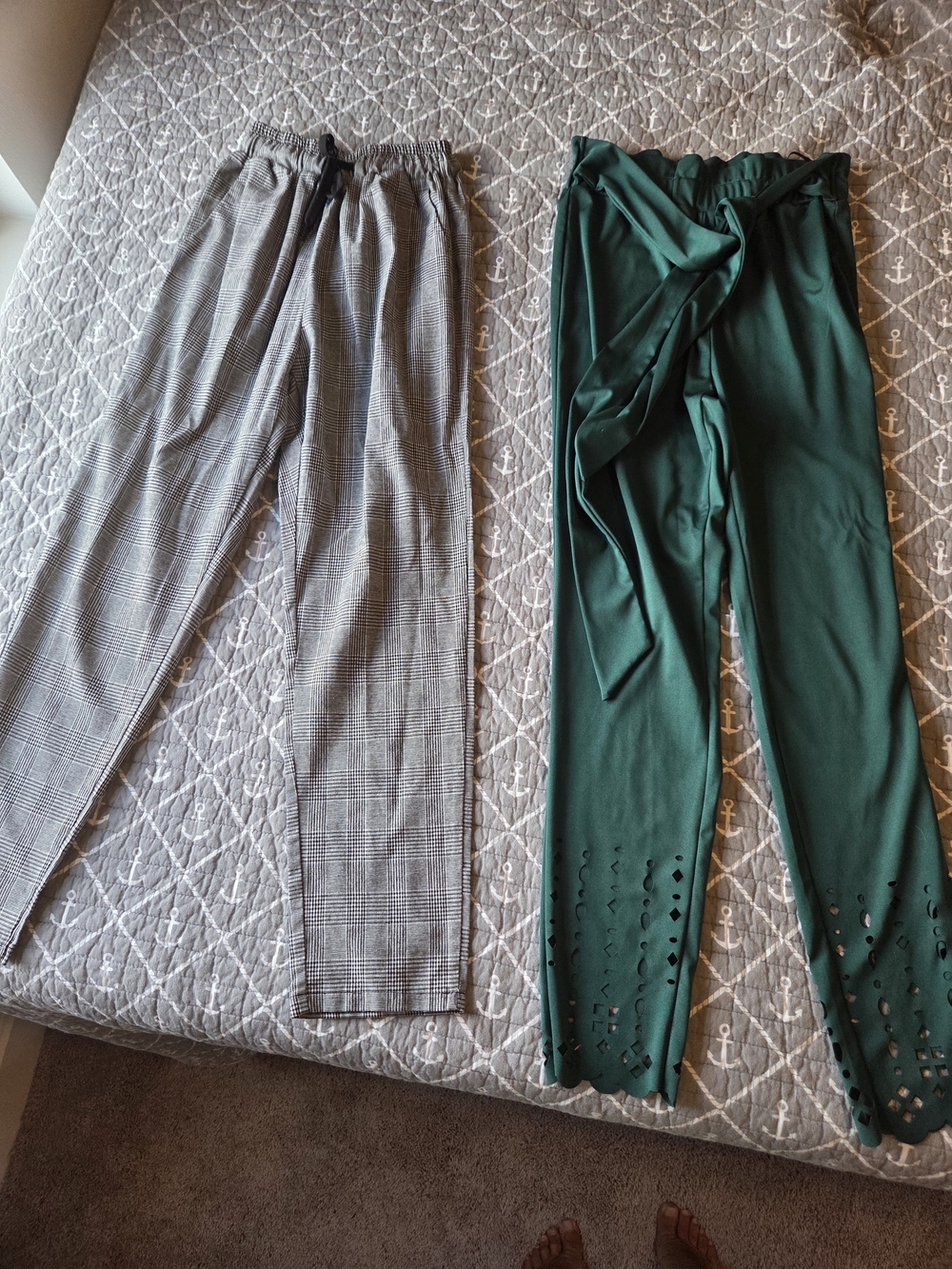 Plaid Trousers & Emerald Green Tie-Waist Pants - Two-Piece Set